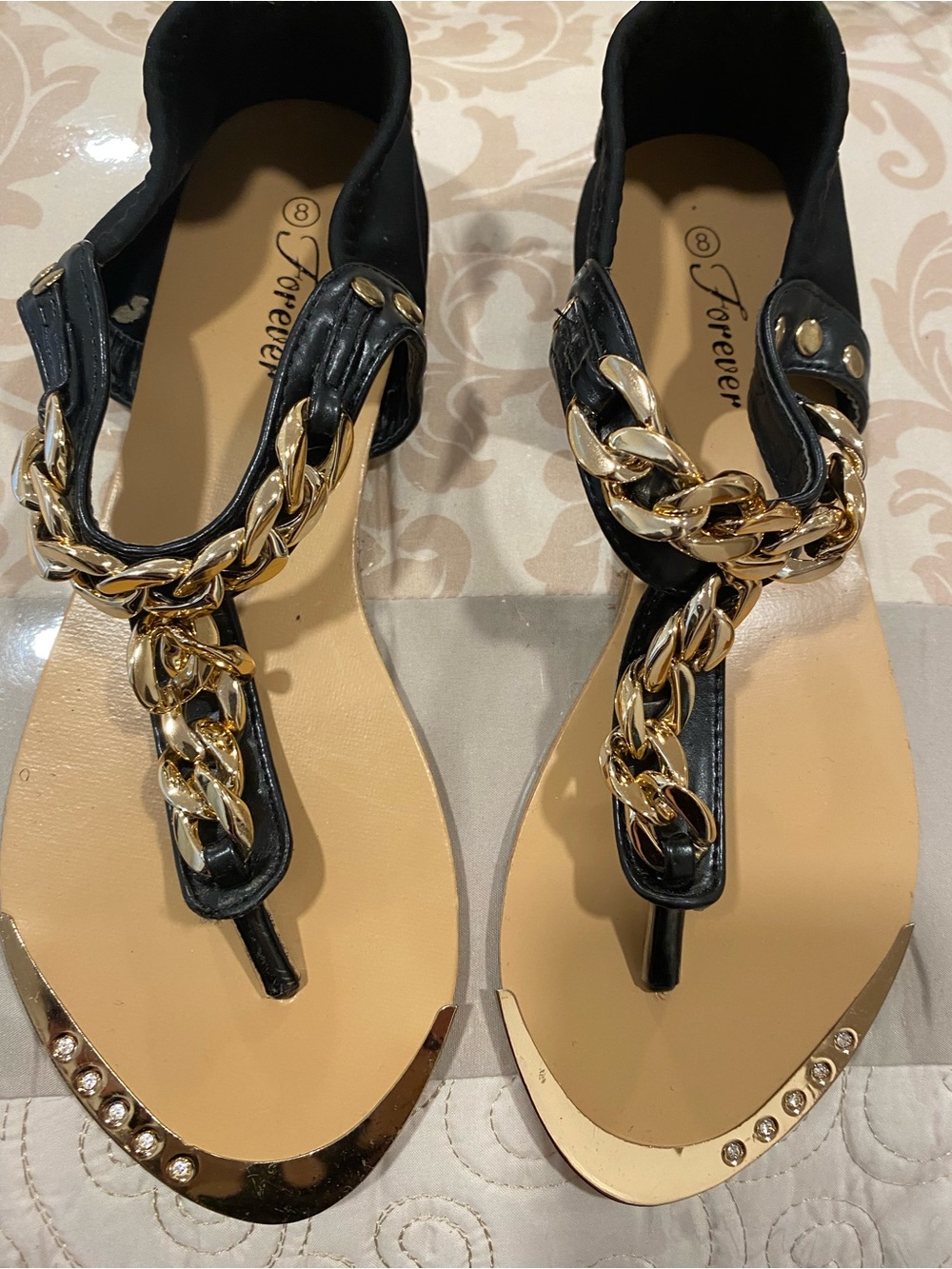 Forever 21 Black Thong Sandals with Gold Chain Detail